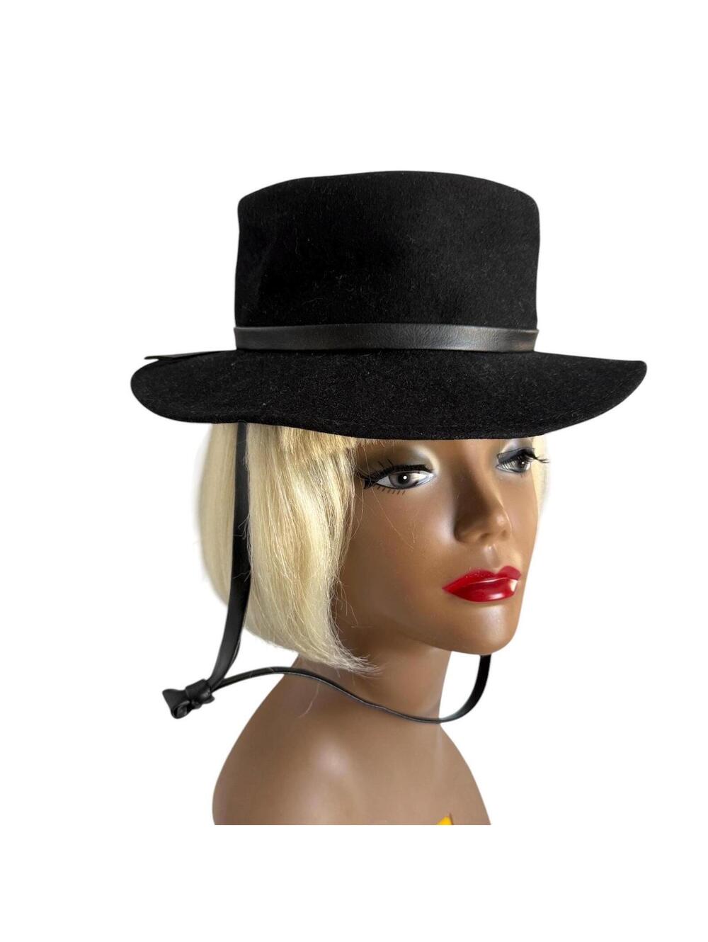 Vintage Clover Lane Wool Felt Hat: 1970s Black Brim with Chinstrap - Picture 3 of 9